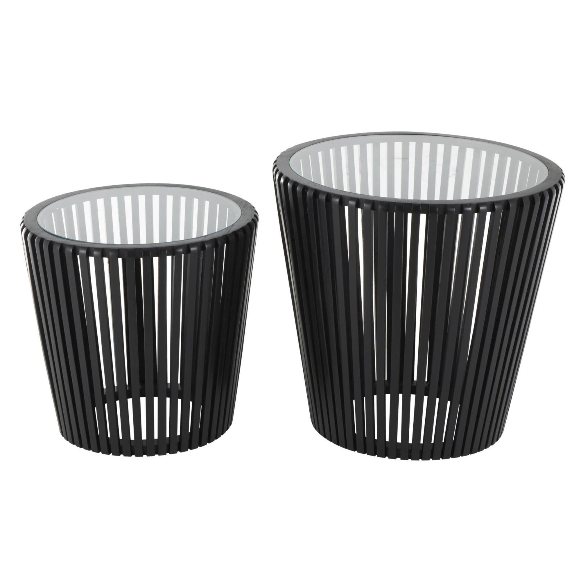 Black Wood Cage Inspired Accent Table with Clear Glass Tabletop Set